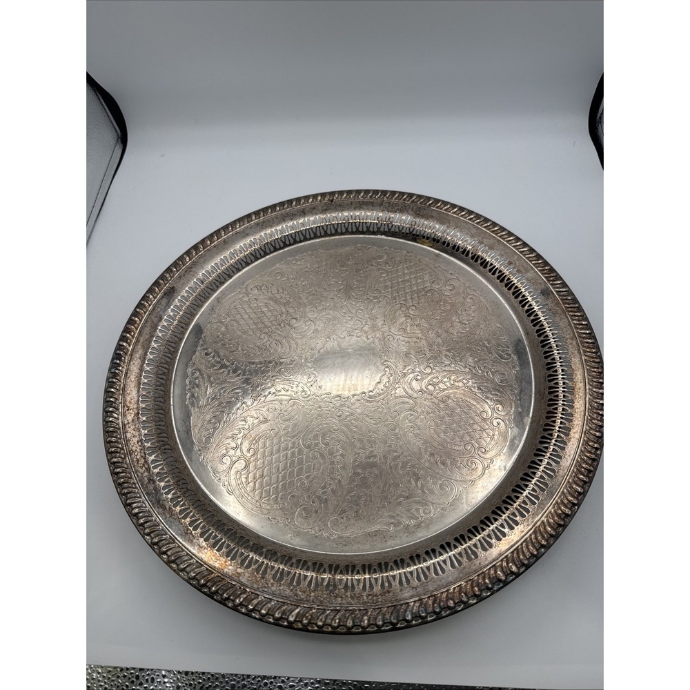 Gorgeous Large 15" Silver Plated Tray By Leonard With Scrollwork & Pierced Sides